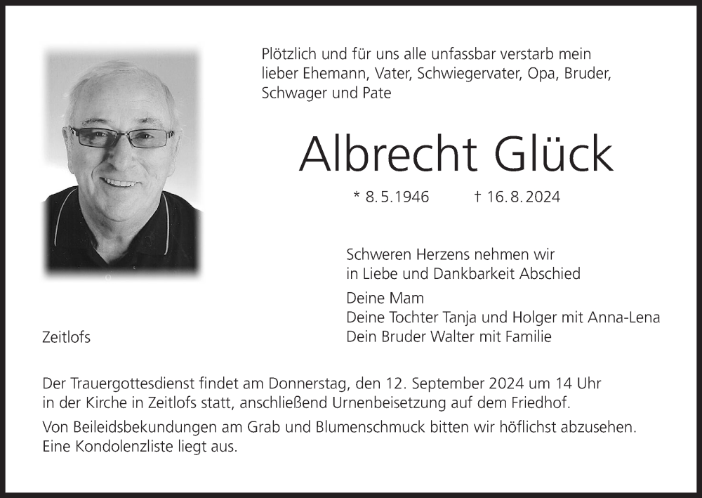  Traueranzeige für Albrecht Glück vom 07.09.2024 aus MGO