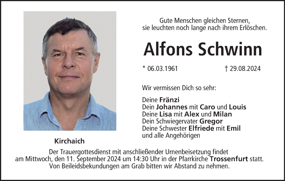  Traueranzeige für Alfons Schwinn vom 07.09.2024 aus MGO