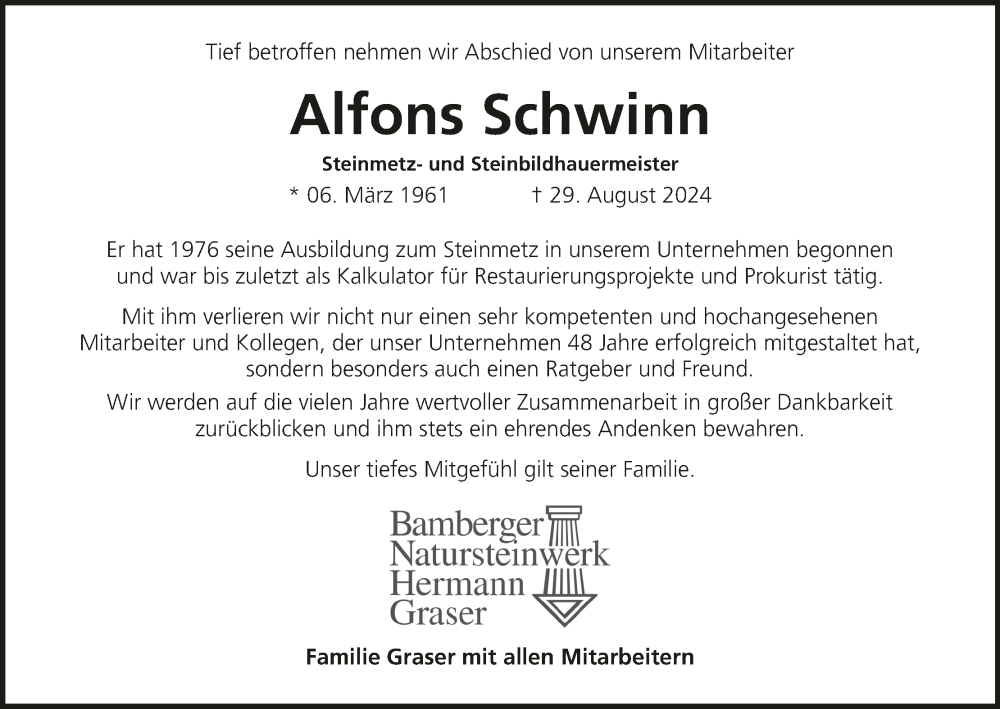  Traueranzeige für Alfons Schwinn vom 07.09.2024 aus MGO