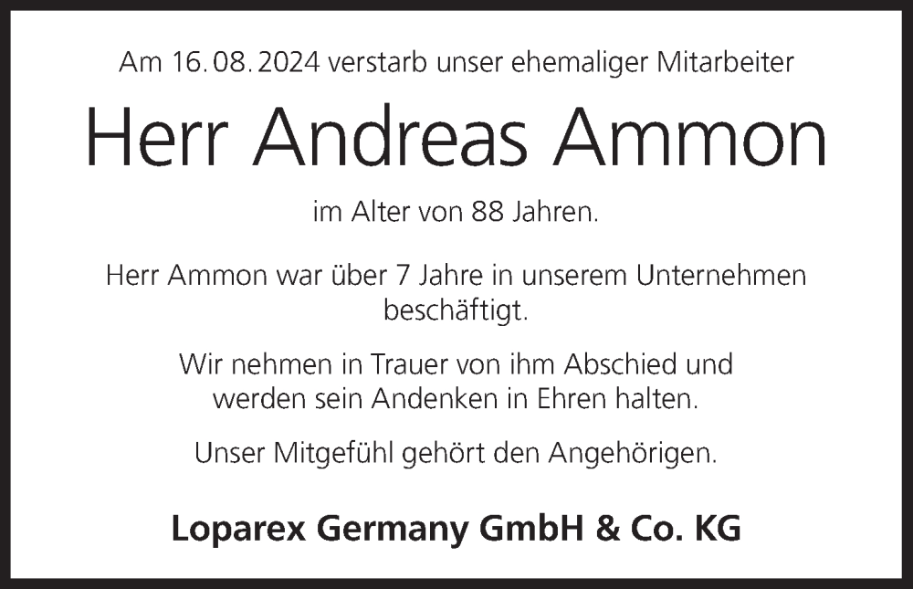  Traueranzeige für Andreas Ammon vom 03.09.2024 aus MGO