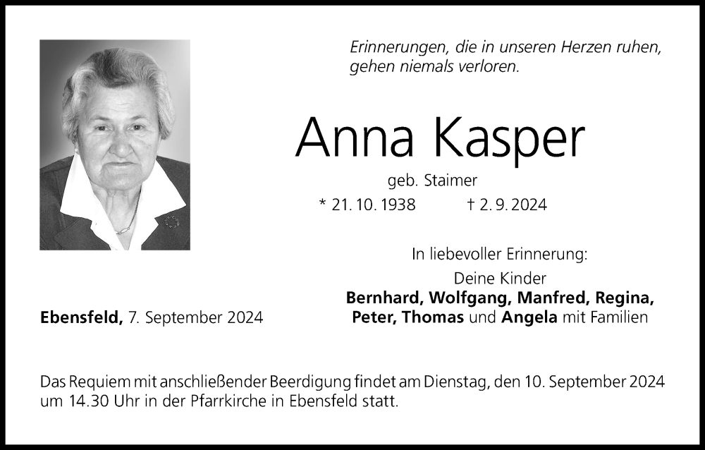 Traueranzeige für Anna Kasper vom 07.09.2024 aus MGO