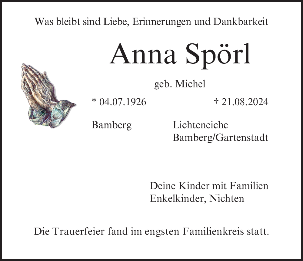  Traueranzeige für Anna Spörl vom 14.09.2024 aus MGO