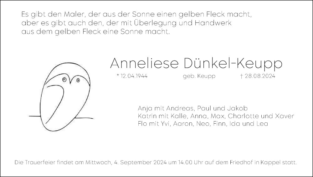 Traueranzeige für Anneliese Dünkel-Keupp vom 03.09.2024 aus MGO