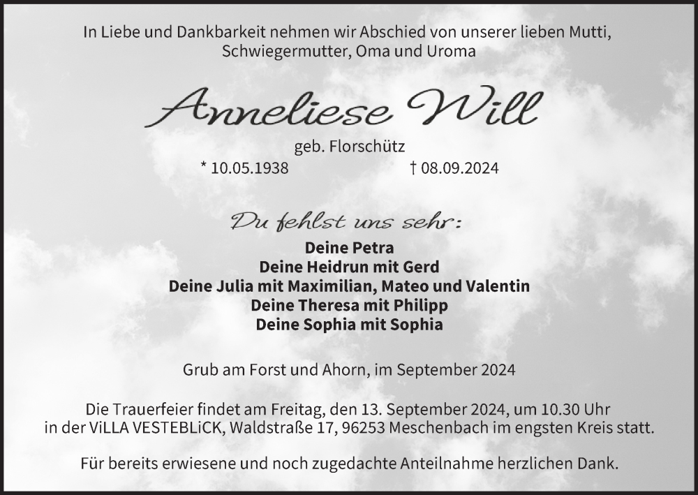  Traueranzeige für Anneliese Will vom 11.09.2024 aus MGO