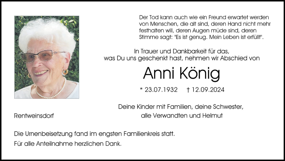  Traueranzeige für Anni König vom 28.09.2024 aus MGO