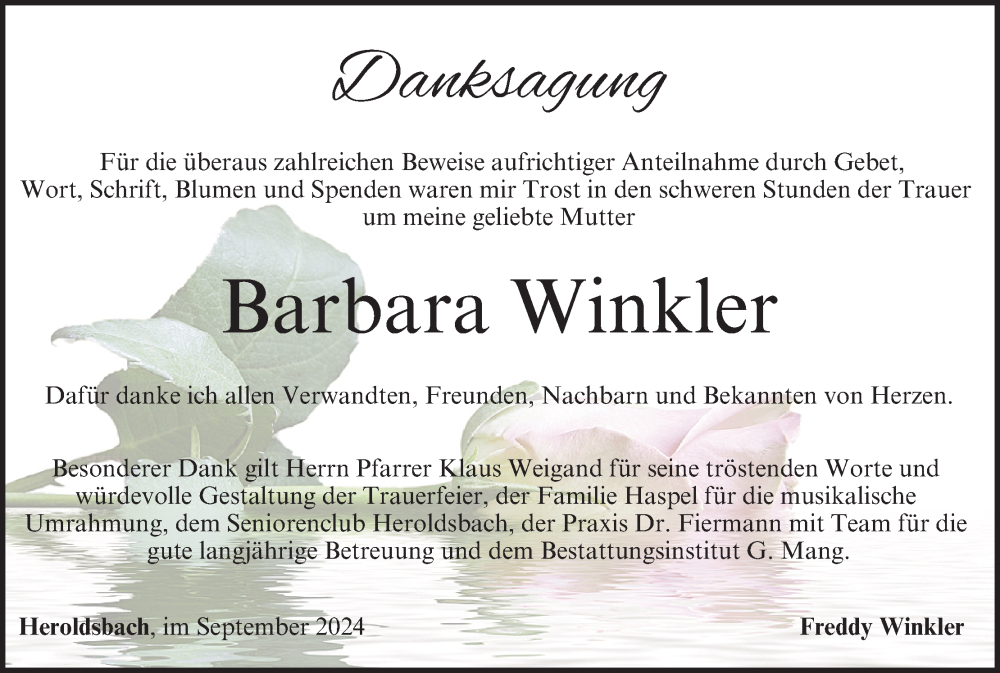  Traueranzeige für Barbara Winkler vom 14.09.2024 aus MGO