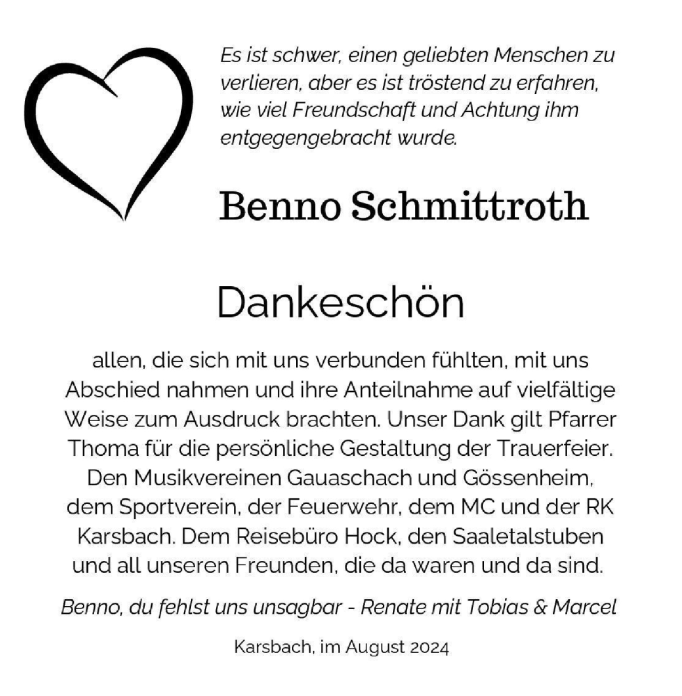  Traueranzeige für Benno Schmittroth vom 14.09.2024 aus MGO