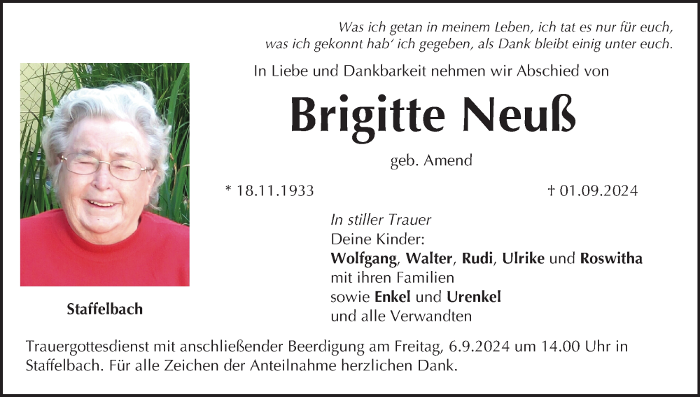  Traueranzeige für Brigitte Neuß vom 04.09.2024 aus MGO