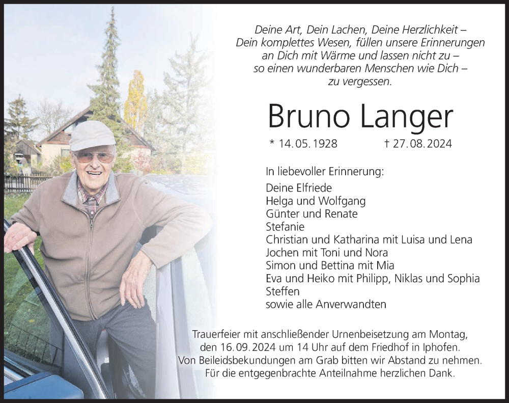  Traueranzeige für Bruno Langer vom 13.09.2024 aus MGO