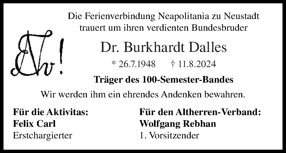  Traueranzeige für Burkhardt Dalles vom 28.09.2024 aus MGO