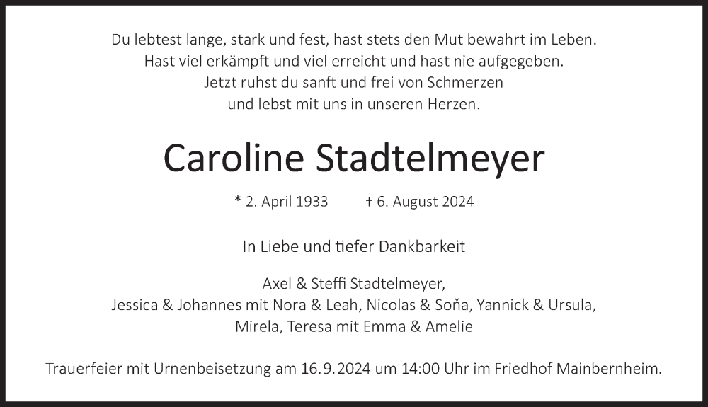  Traueranzeige für Caroline Stadtelmeyer vom 07.09.2024 aus MGO