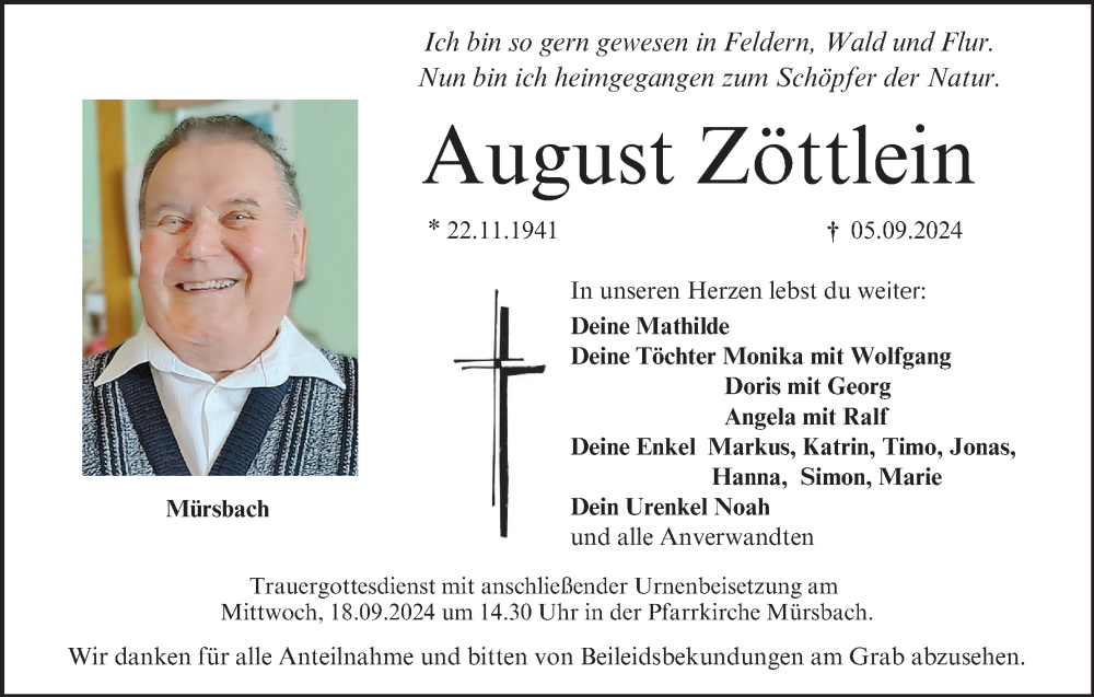  Traueranzeige für August Zöttlein vom 17.09.2024 aus MGO