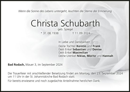 Anzeige von Christa Schubarth von MGO