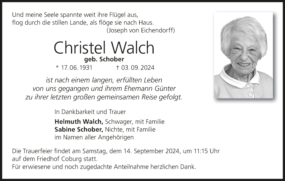  Traueranzeige für Christel Walch vom 11.09.2024 aus MGO