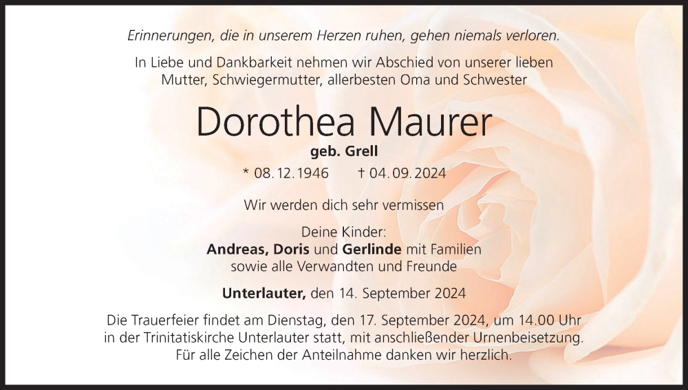 Traueranzeige für Dorothea Maurer vom 14.09.2024 aus MGO