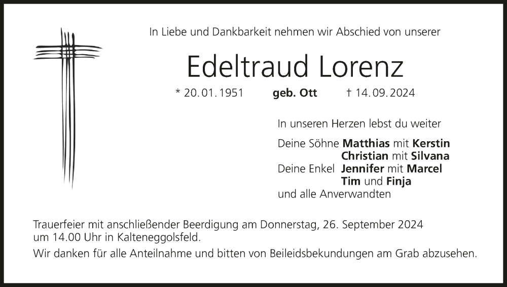  Traueranzeige für Edeltraud Lorenz vom 21.09.2024 aus MGO