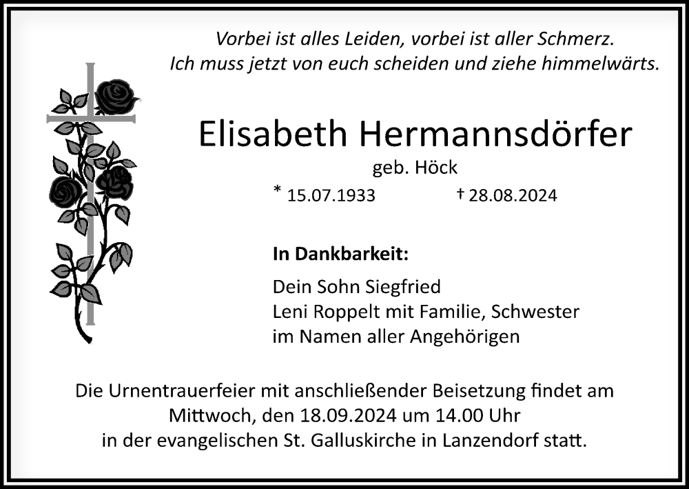  Traueranzeige für Elisabeth Hermannsdörfer vom 14.09.2024 aus MGO