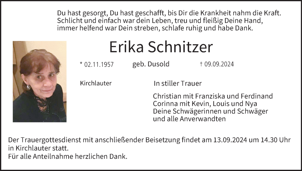  Traueranzeige für Erika Schnitzer vom 11.09.2024 aus MGO