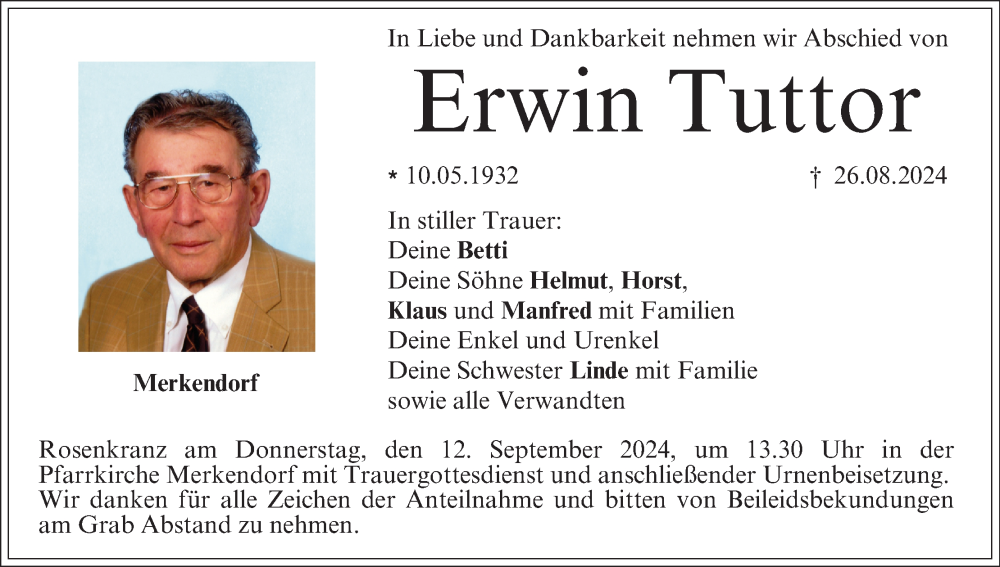  Traueranzeige für Erwin Tuttor vom 07.09.2024 aus MGO