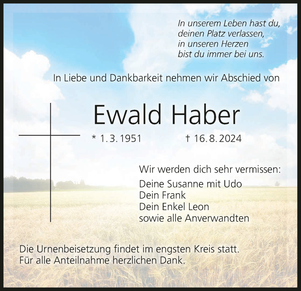  Traueranzeige für Ewald Haber vom 07.09.2024 aus MGO