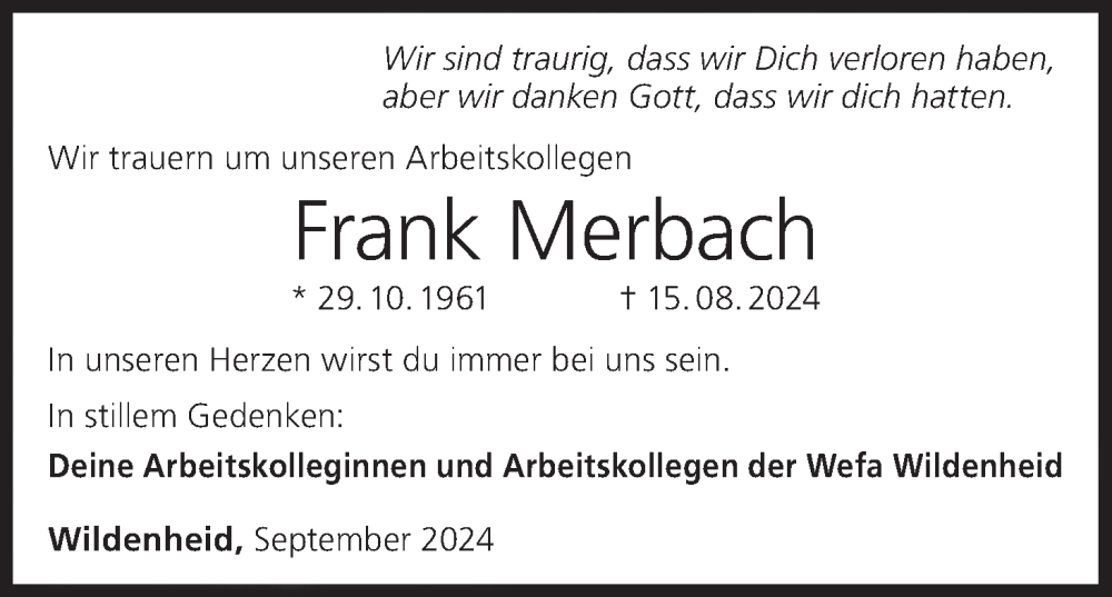  Traueranzeige für Frank Merbach vom 14.09.2024 aus MGO