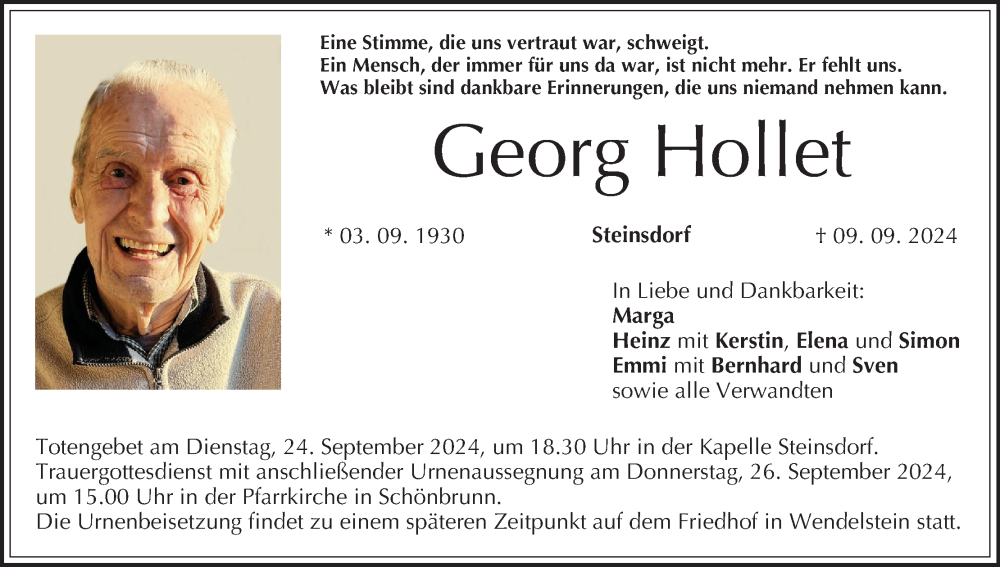  Traueranzeige für Georg Hollet vom 21.09.2024 aus MGO