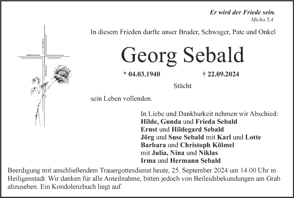  Traueranzeige für Georg Sebald vom 25.09.2024 aus MGO