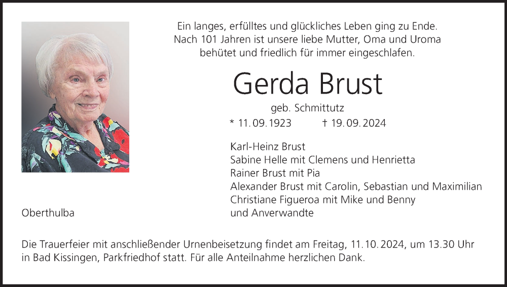  Traueranzeige für Gerda Brust vom 28.09.2024 aus MGO