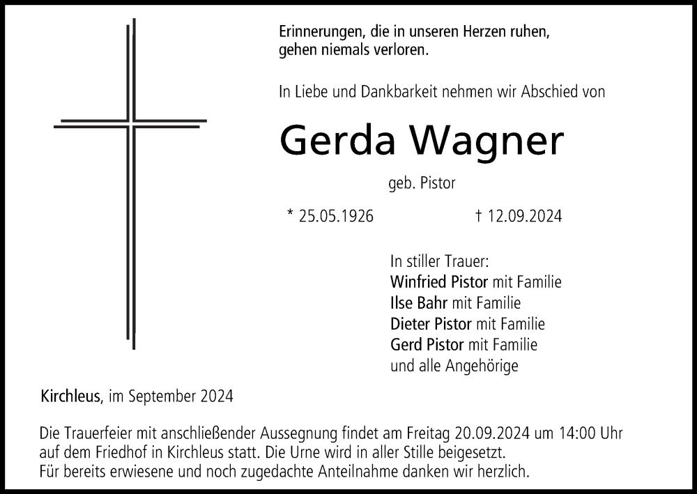  Traueranzeige für Gerda Wagner vom 18.09.2024 aus MGO