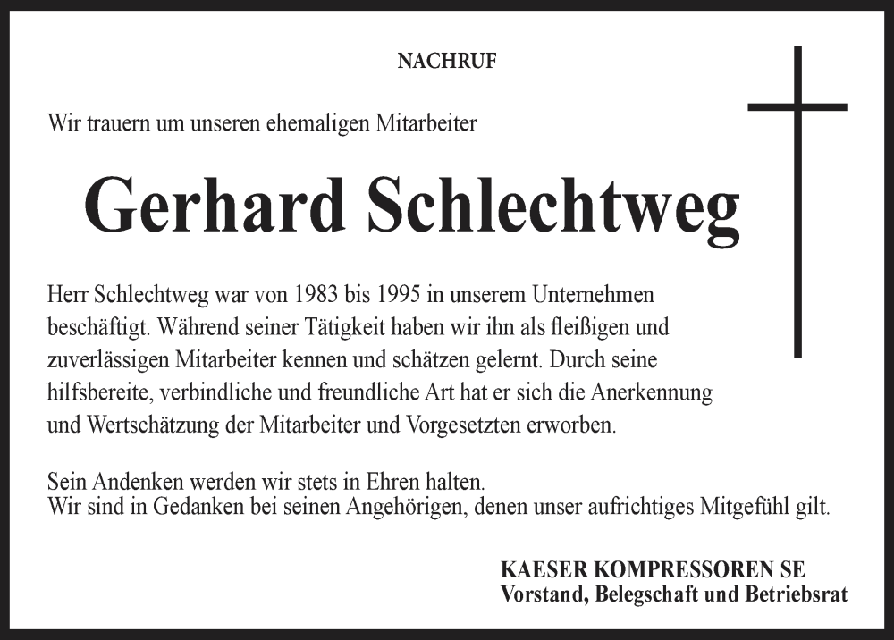 Traueranzeige für Gerhard Schlechtweg vom 27.09.2024 aus MGO