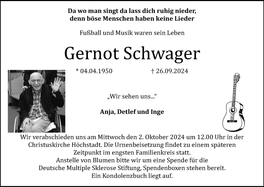  Traueranzeige für Gernot Schwager vom 28.09.2024 aus MGO