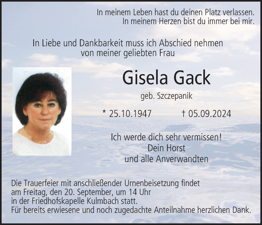  Traueranzeige für Gisela Gack vom 20.09.2024 aus MGO