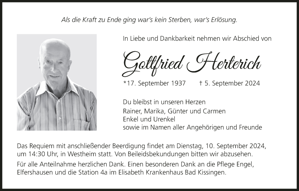  Traueranzeige für Gottfried Herterich vom 07.09.2024 aus MGO