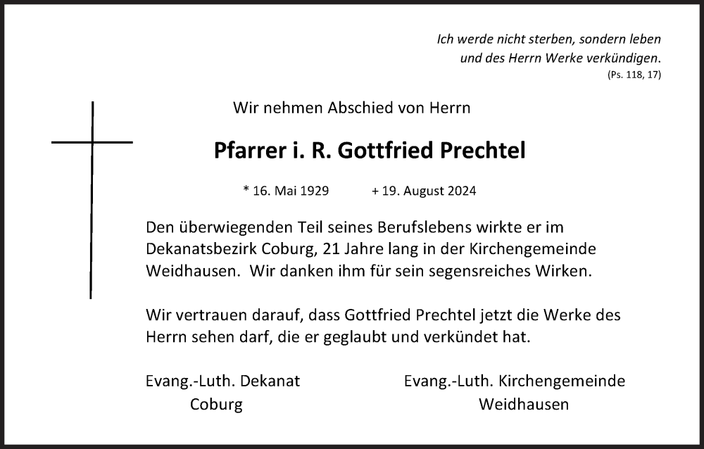  Traueranzeige für Gottfried Prechtel vom 11.09.2024 aus MGO