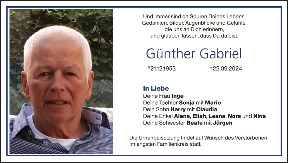 Traueranzeige für Günther Gabriel vom 28.09.2024 aus MGO