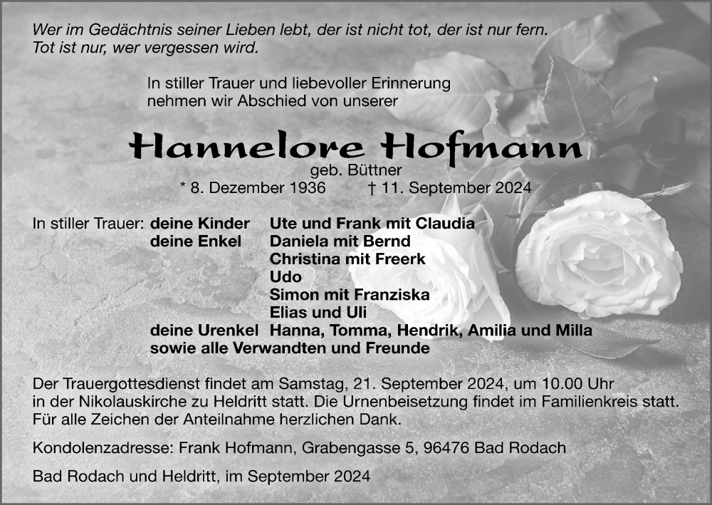  Traueranzeige für Hannelore Hofmann vom 14.09.2024 aus MGO