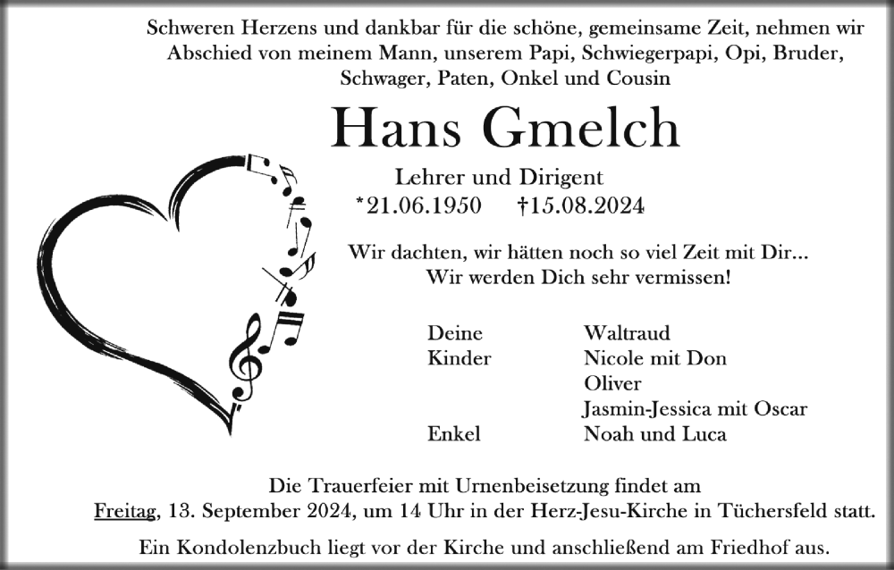  Traueranzeige für Hans Gmelch vom 07.09.2024 aus MGO