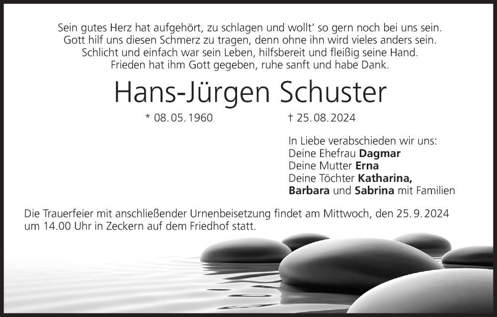  Traueranzeige für Hans-Jürgen Schuster vom 24.09.2024 aus MGO