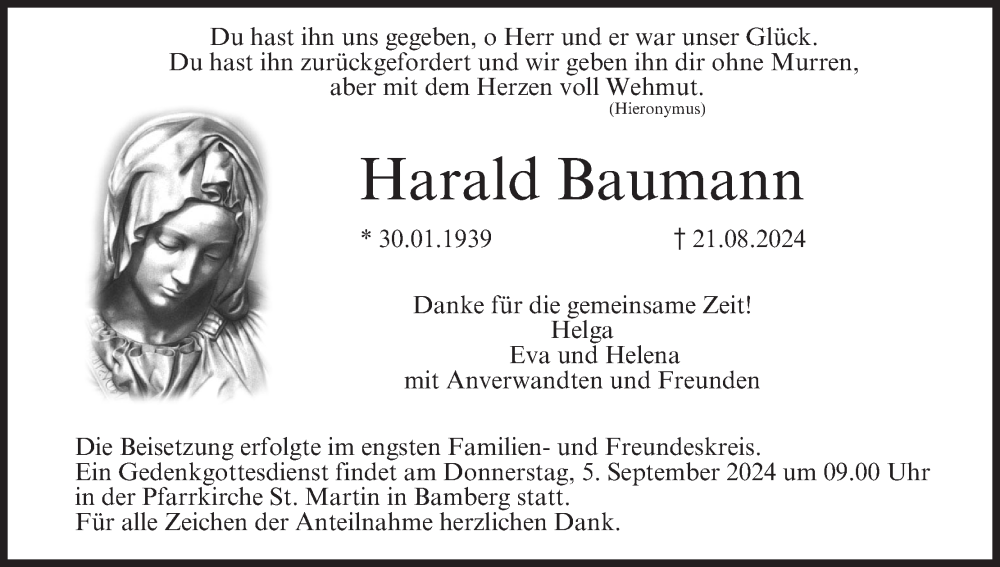  Traueranzeige für Harald Baumann vom 04.09.2024 aus MGO