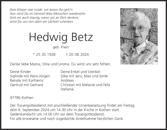 Anzeige von Hedwig Betz von MGO