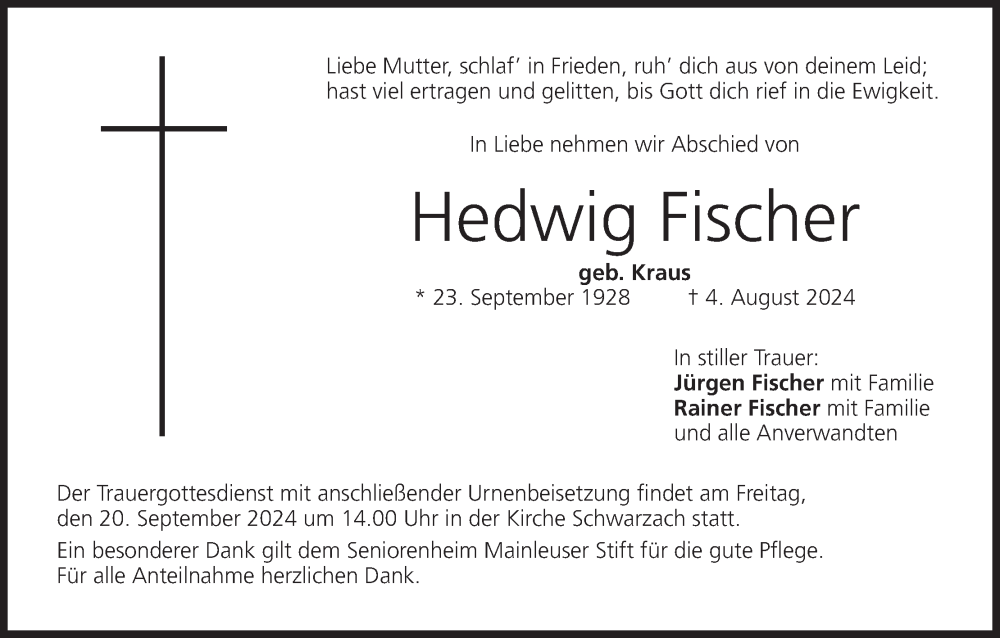  Traueranzeige für Hedwig Fischer vom 18.09.2024 aus MGO