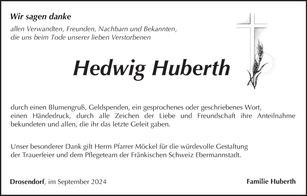  Traueranzeige für Hedwig Huberth vom 14.09.2024 aus MGO