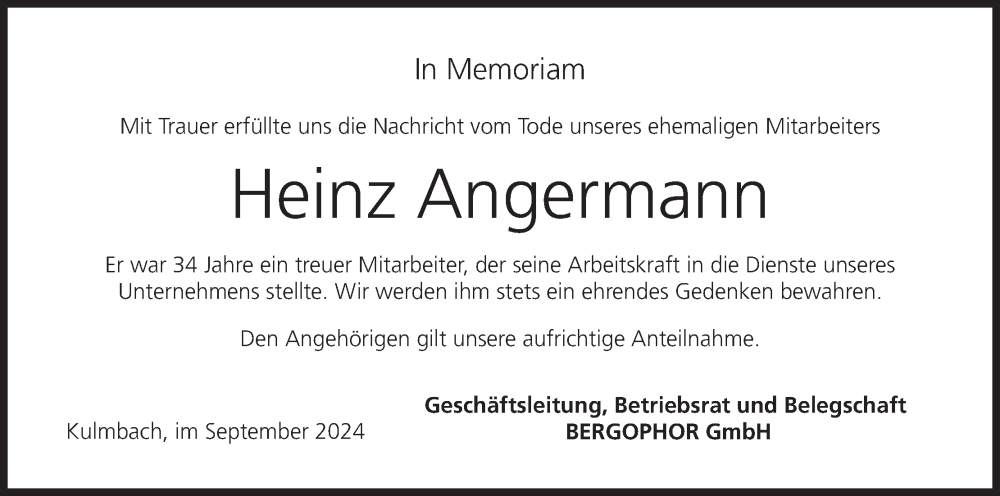  Traueranzeige für Heinz Angermann vom 07.09.2024 aus MGO