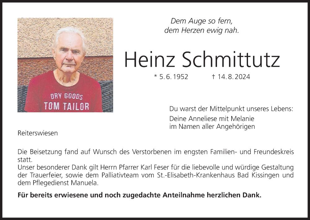  Traueranzeige für Heinz Schmittutz vom 07.09.2024 aus MGO
