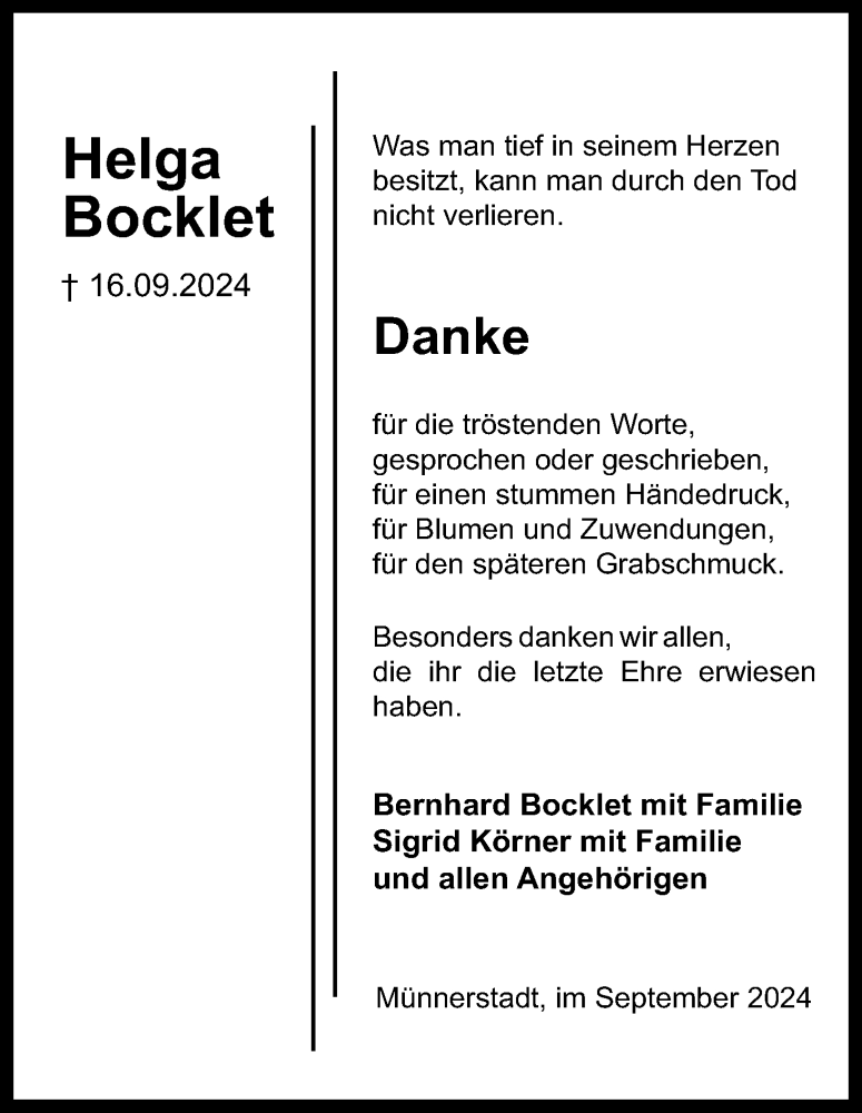  Traueranzeige für Helga Bocklet vom 28.09.2024 aus MGO