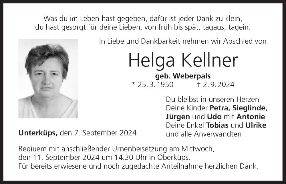  Traueranzeige für Helga Kellner vom 07.09.2024 aus MGO