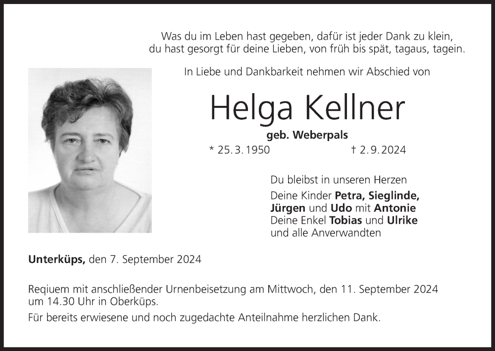  Traueranzeige für Helga Kellner vom 07.09.2024 aus MGO
