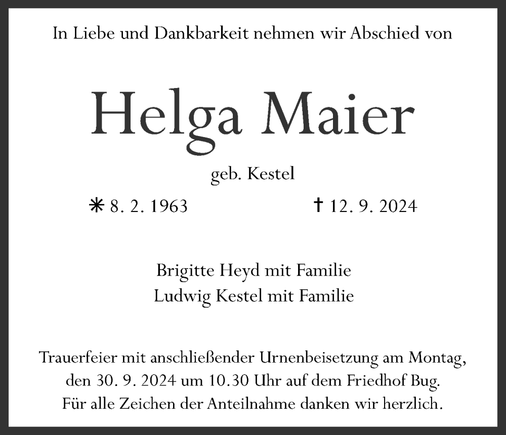  Traueranzeige für Helga Maier vom 28.09.2024 aus MGO
