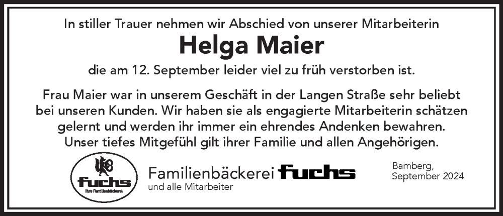  Traueranzeige für Helga Maier vom 20.09.2024 aus MGO