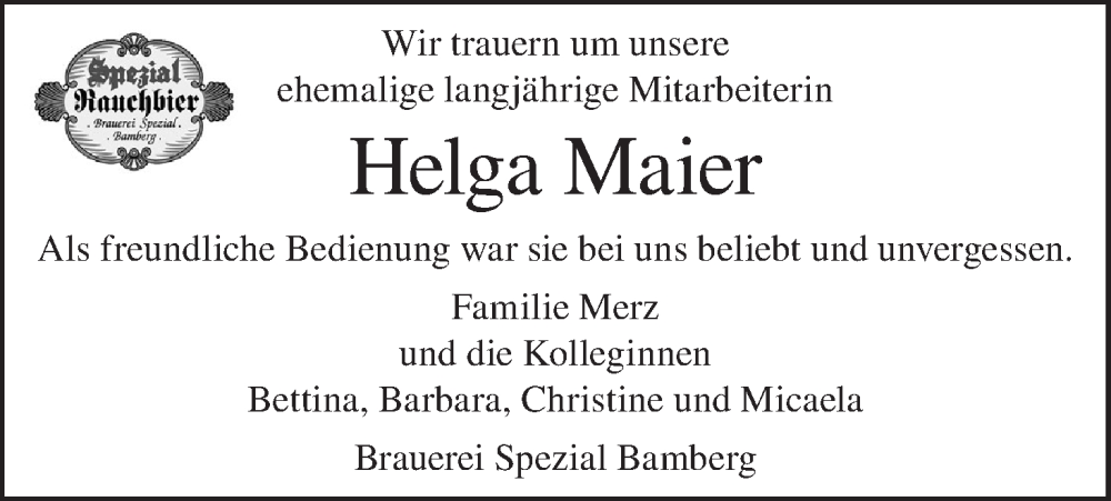  Traueranzeige für Helga Maier vom 28.09.2024 aus MGO
